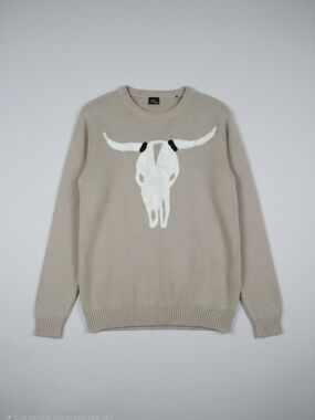 Smell The Roses Neutral Beige Crewneck Sweater with White Skull Motif. Size L